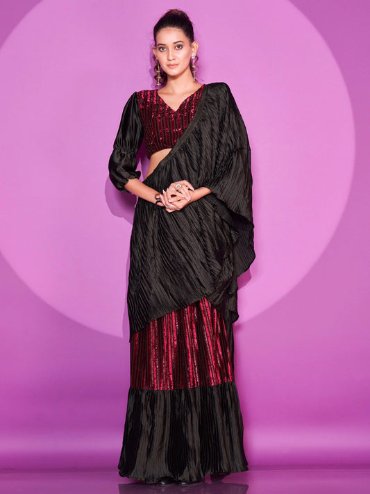 Tikhi Imli - Ready To Wear Black & Maroon Velvet Bollywood Saree with Unstitched Blouse