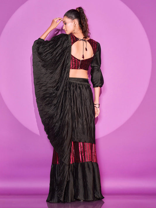 Tikhi Imli - Ready To Wear Black & Maroon Velvet Bollywood Saree with Unstitched Blouse