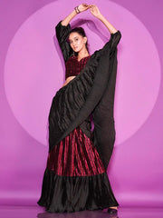 Tikhi Imli - Ready To Wear Black & Maroon Velvet Bollywood Saree with Unstitched Blouse