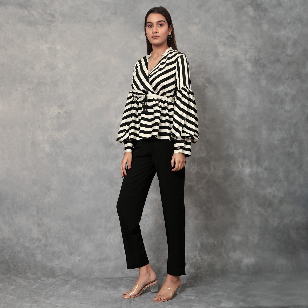 TAMISKA - Black and white striped peplum top