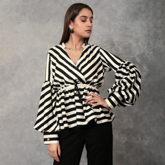 TAMISKA - Black and white striped peplum top