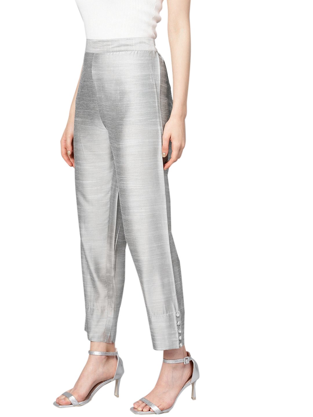 Women Silver Silk Regular Cropped Trousers - 3XL