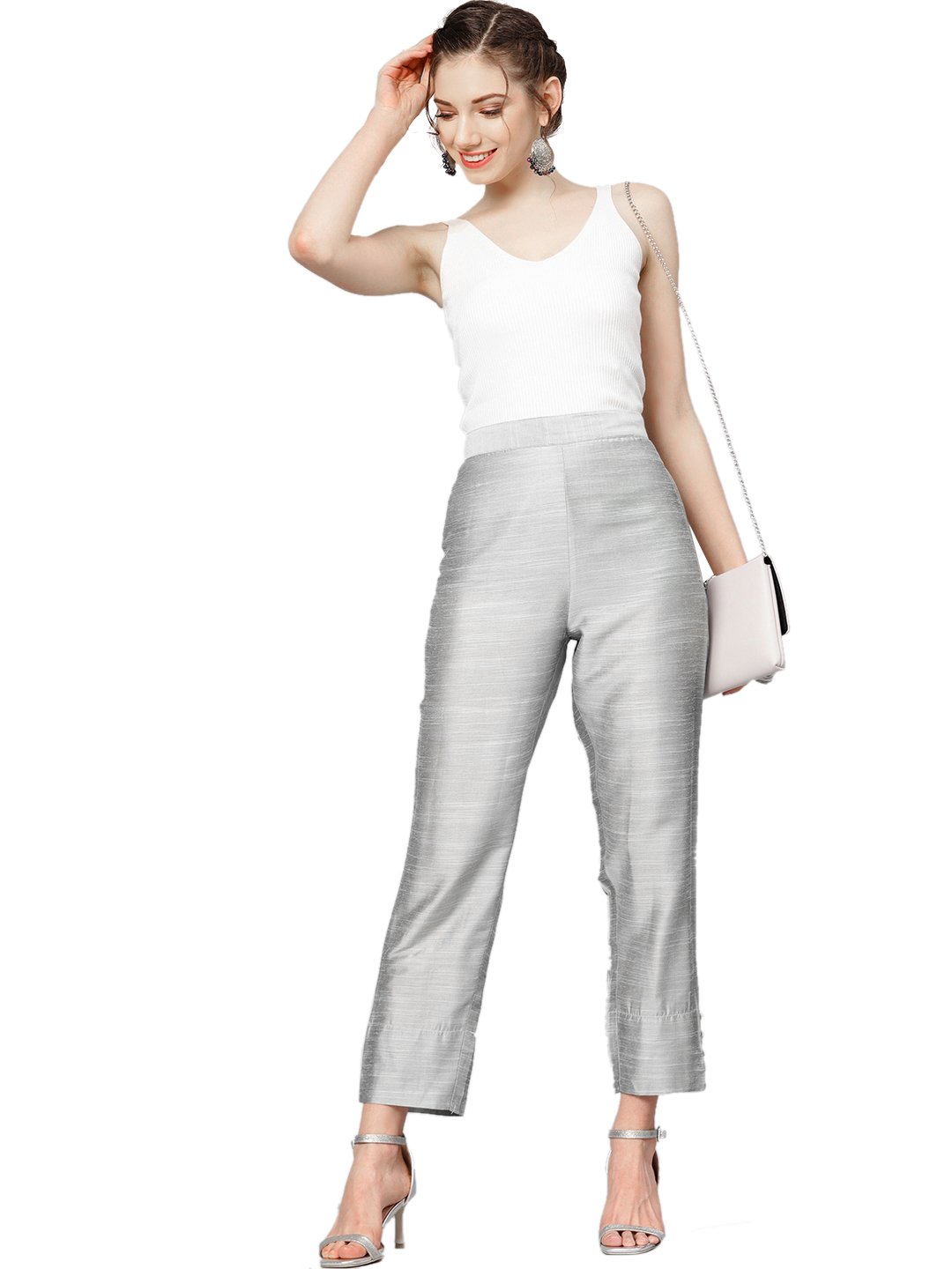 Women Silver Silk Regular Cropped Trousers - 3XL