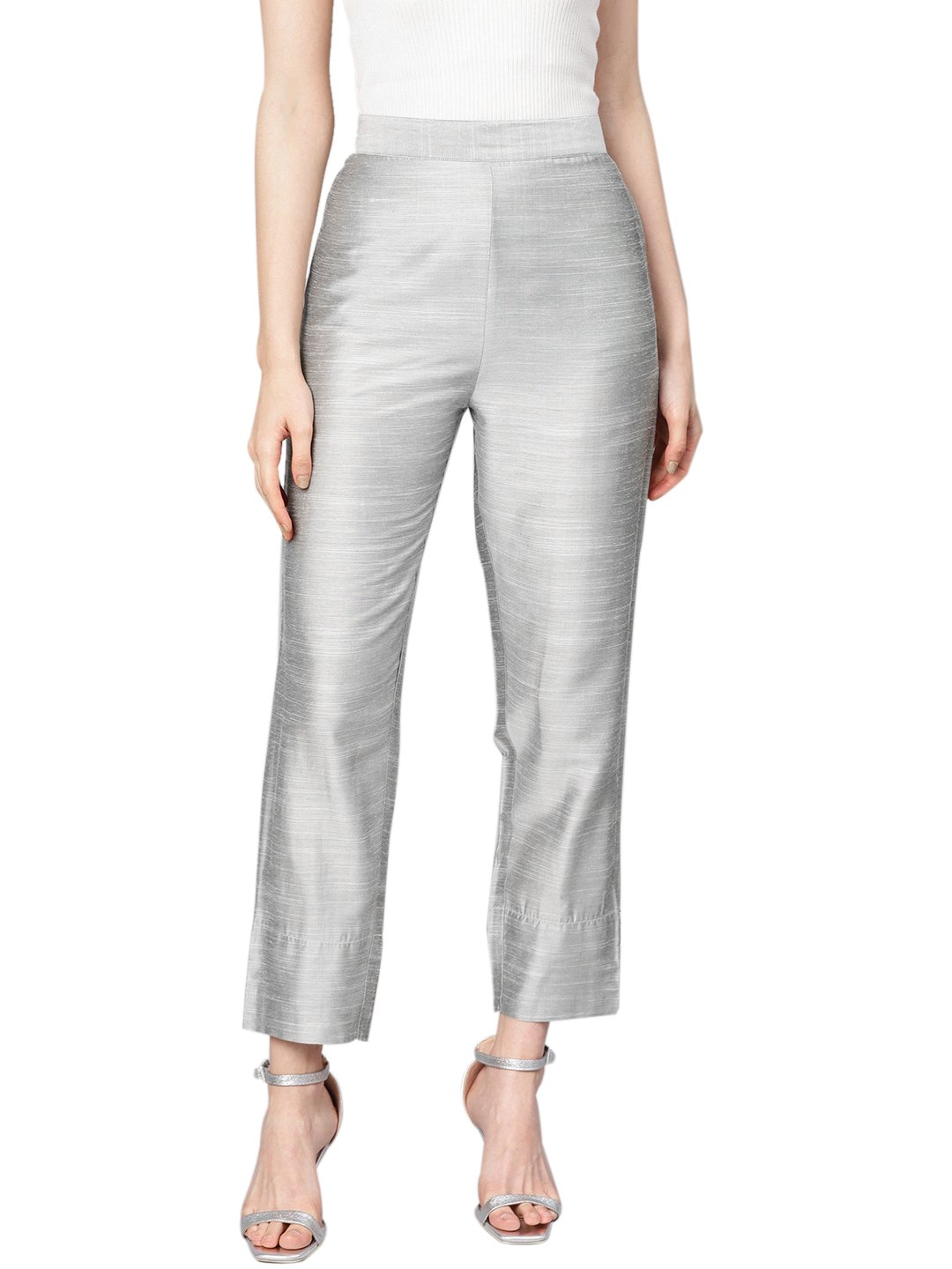 Women Silver Silk Regular Cropped Trousers - 3XL