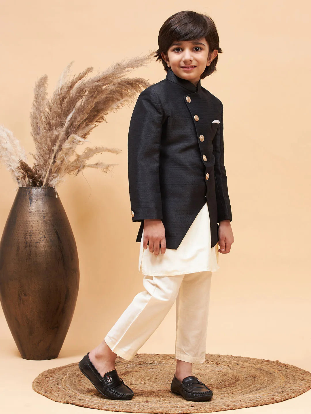 Boys' Black And Cream Indowestern Set