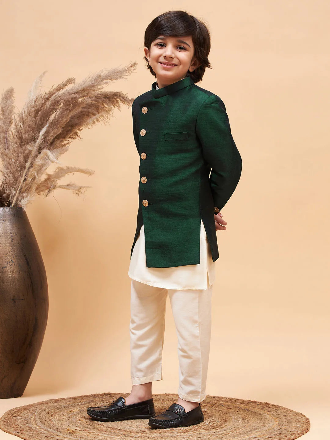 Boys' Green And Cream Indowestern Set