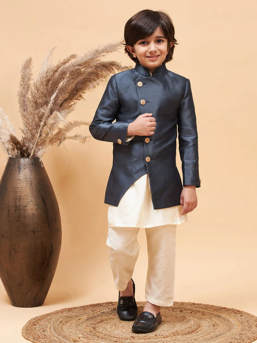 Boys' Grey And Cream Indowestern Set