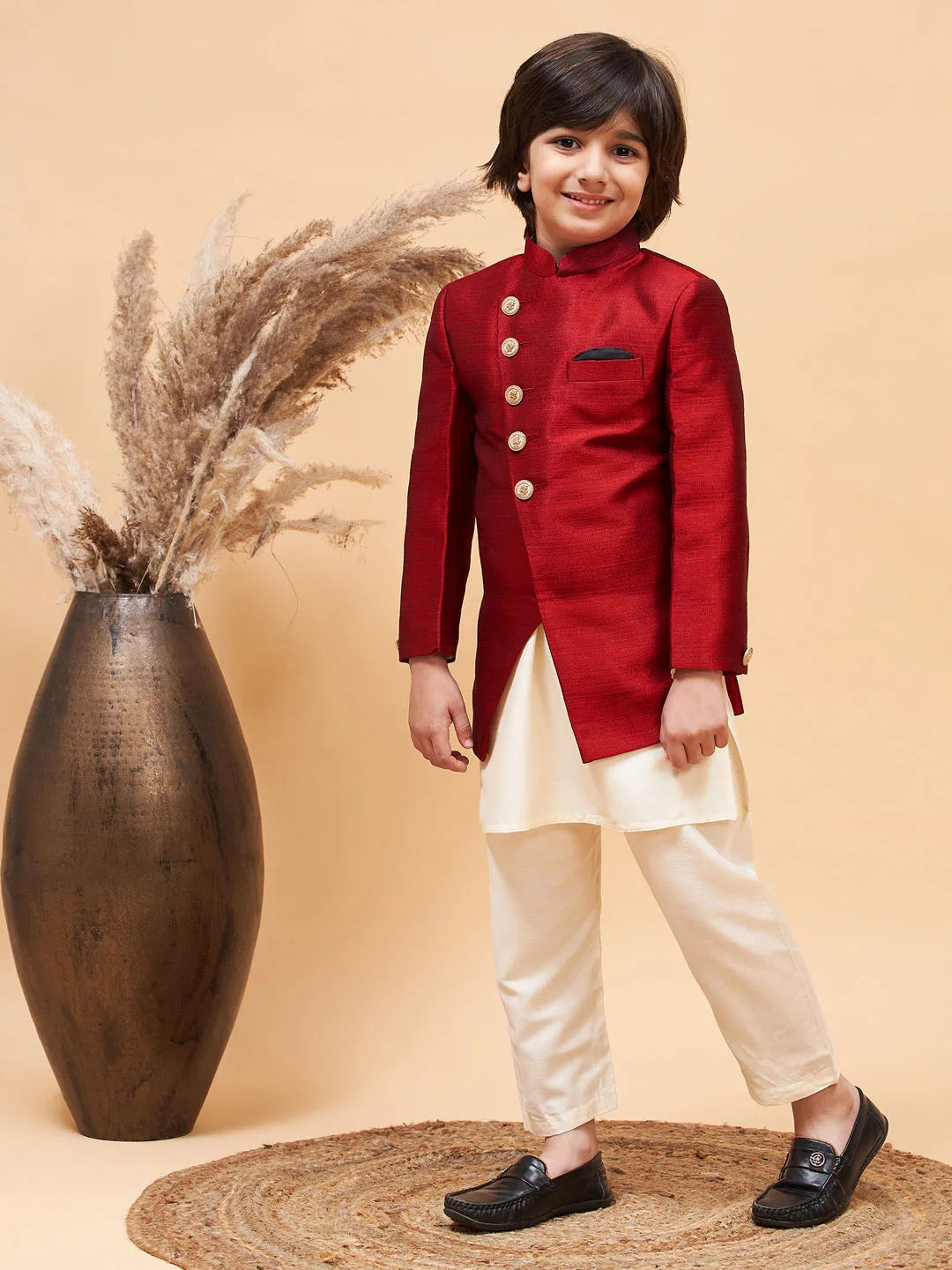 Boys' Maroon And Cream Indowestern Set