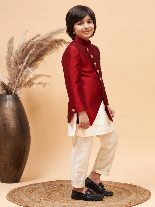 Boys' Maroon And Cream Indowestern Set