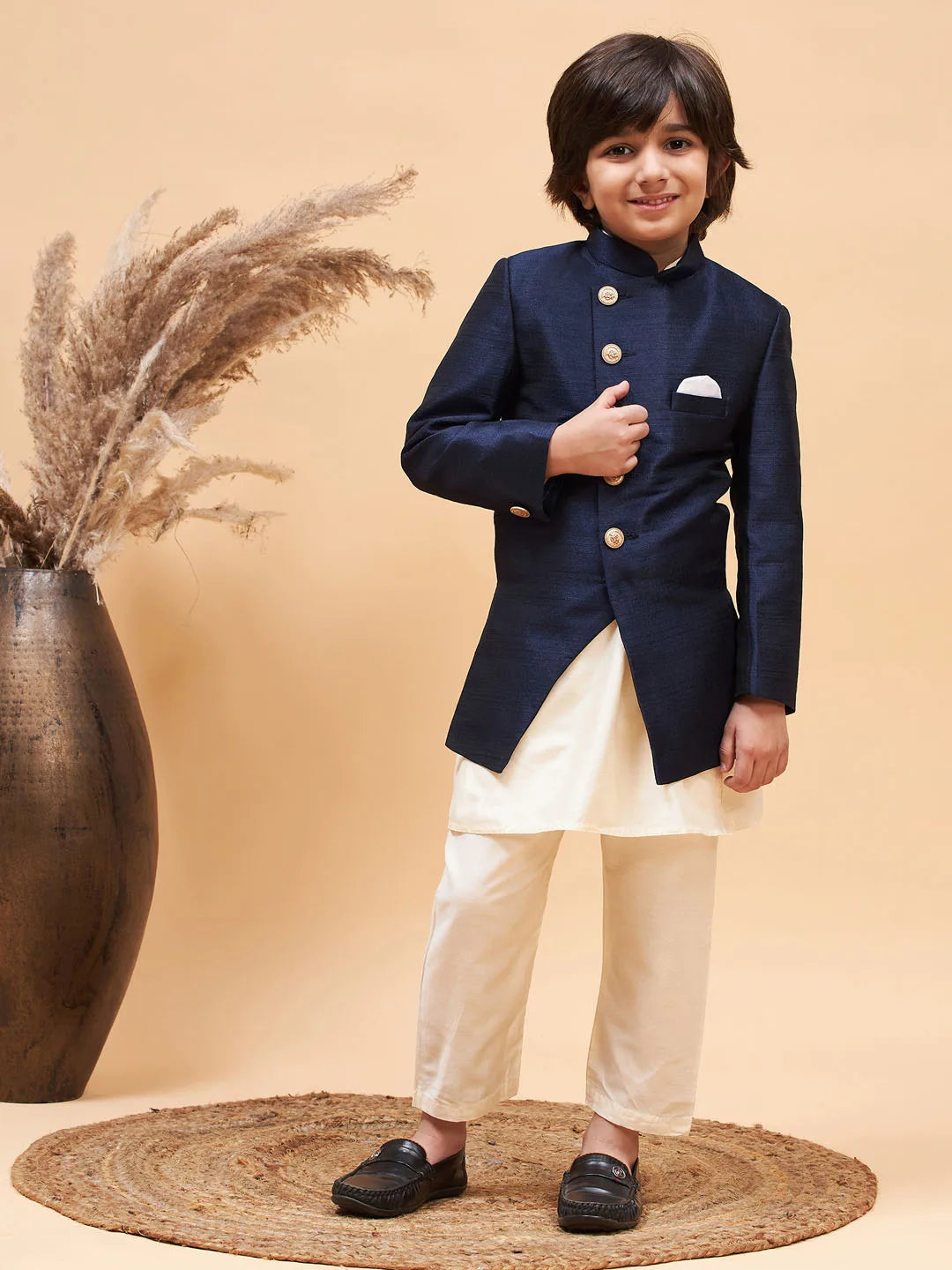 Boys' Navy Blue And Cream Indowestern Set