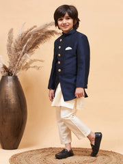 Boys' Navy Blue And Cream Indowestern Set