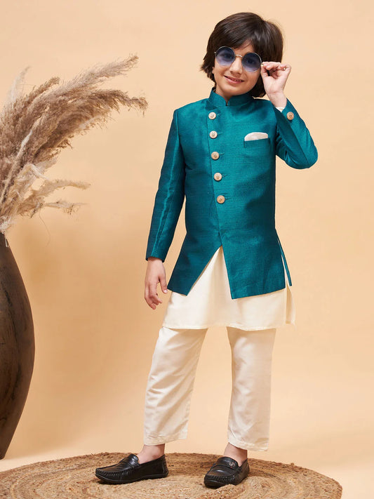 Boys' Turquoise And Cream Indowestern Set