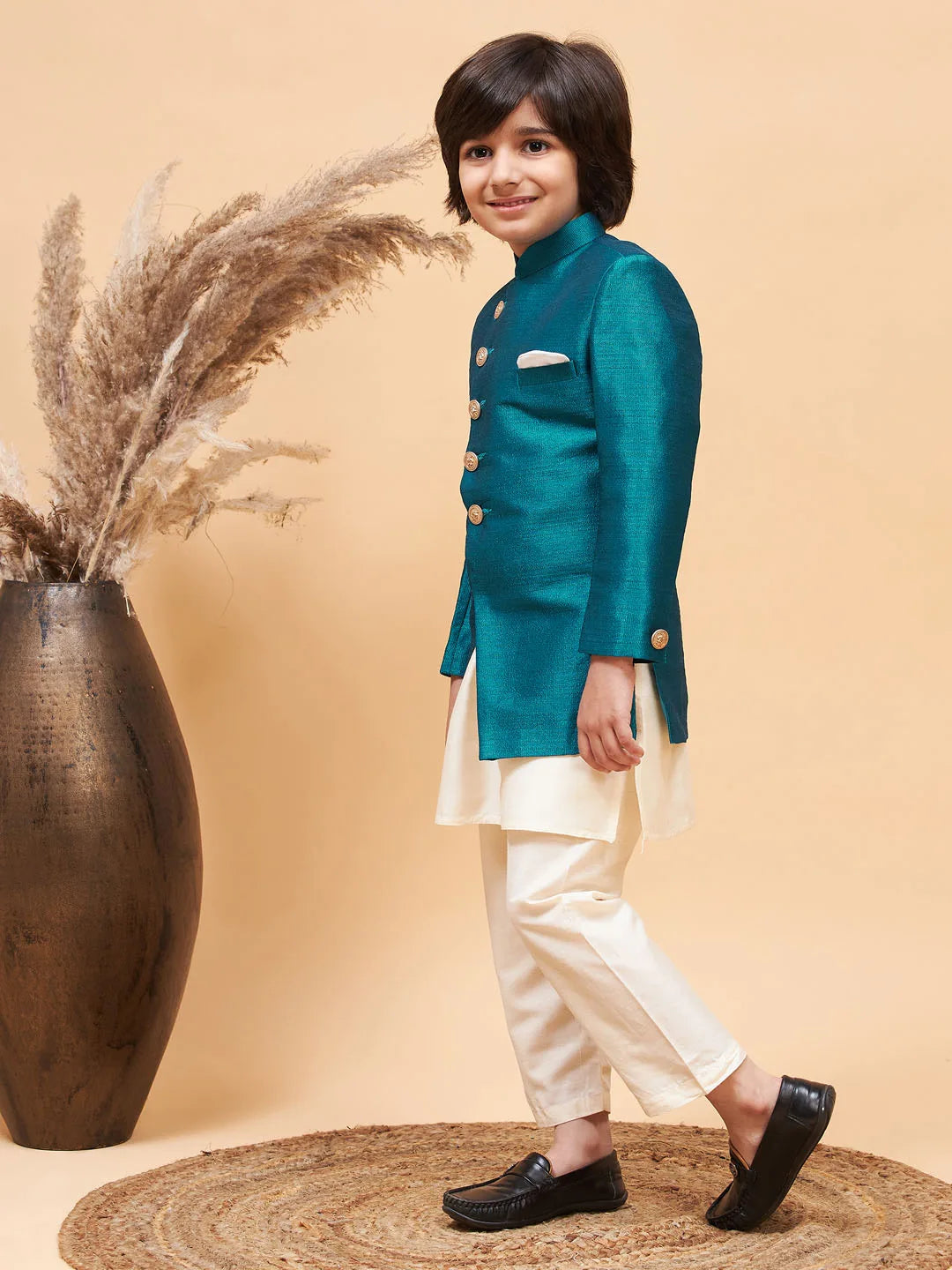 Boys' Turquoise And Cream Indowestern Set