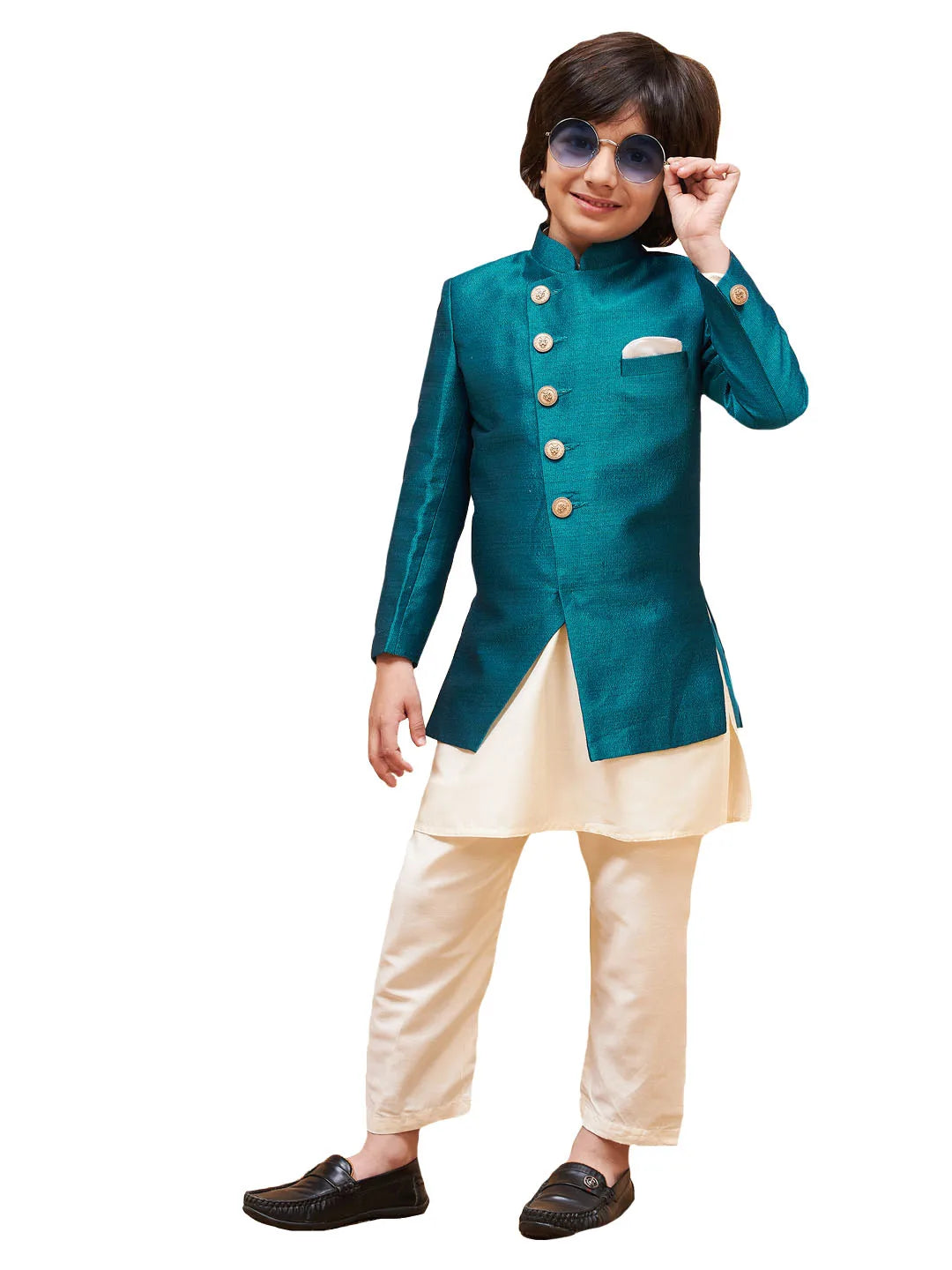 Boys' Turquoise And Cream Indowestern Set