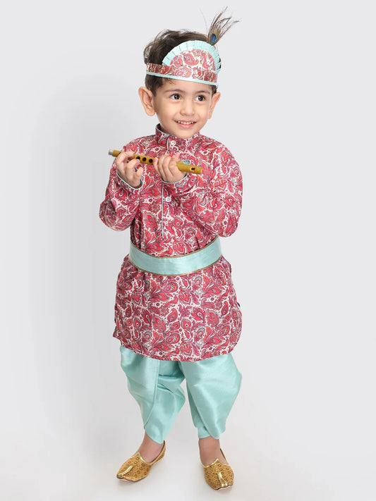 Boys' Multicolor-Base-Pink And Mint Kurta and Dhoti Set