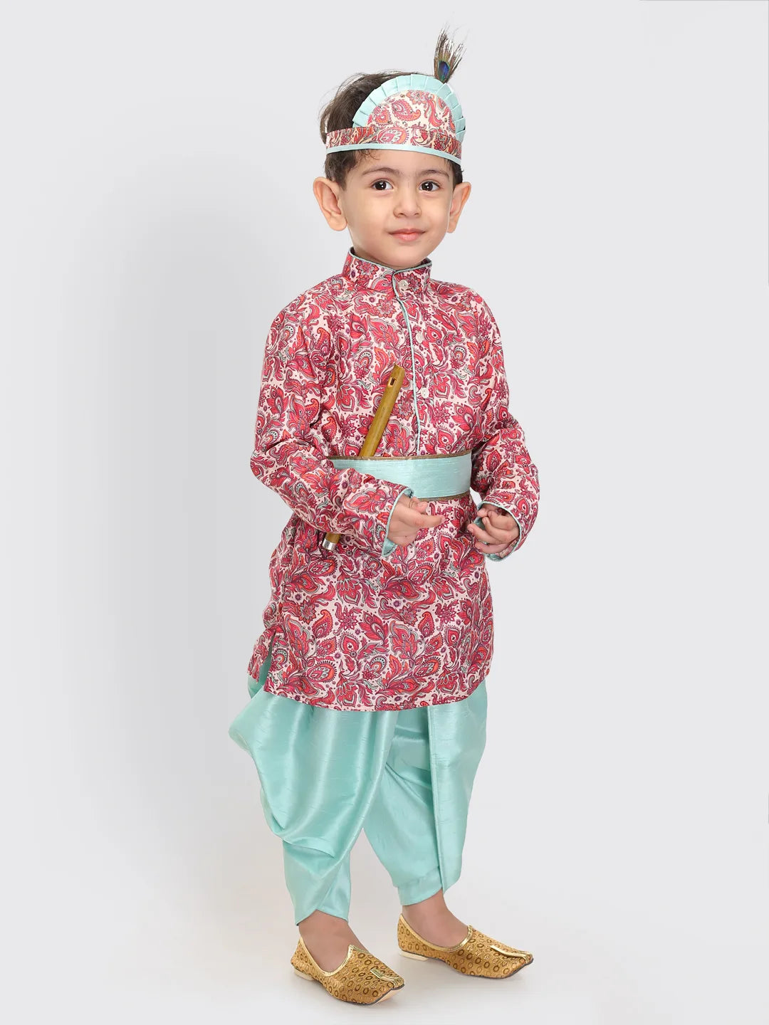 Boys' Multicolor-Base-Pink And Mint Kurta and Dhoti Set