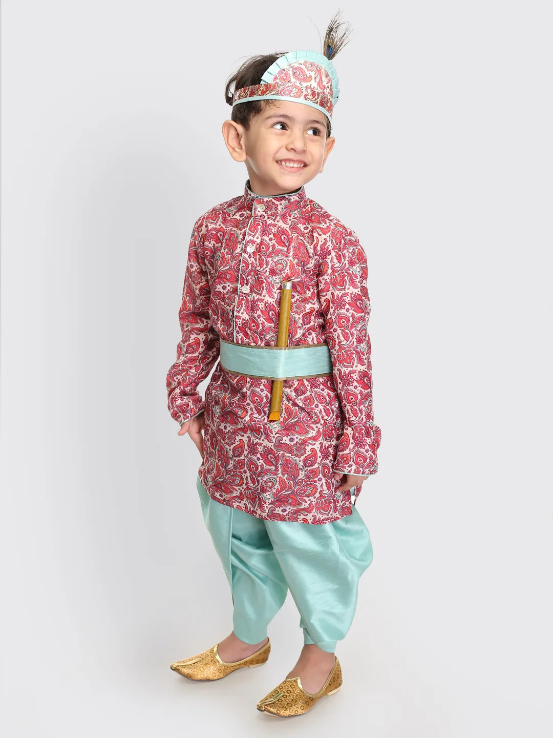 Boys' Multicolor-Base-Pink And Mint Kurta and Dhoti Set