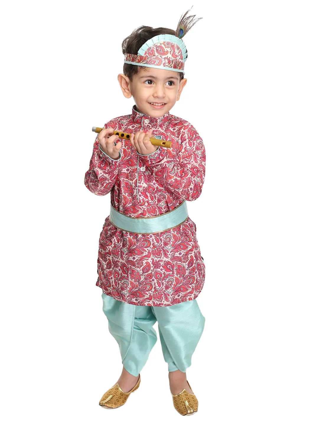 Boys' Multicolor-Base-Pink And Mint Kurta and Dhoti Set