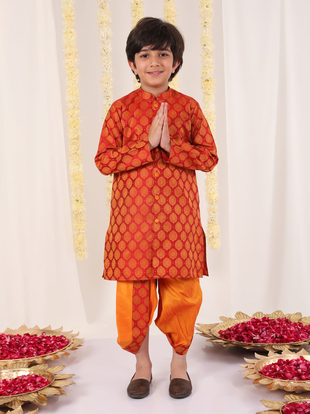 Boys' Red And Orange Kurta And Dhoti Set