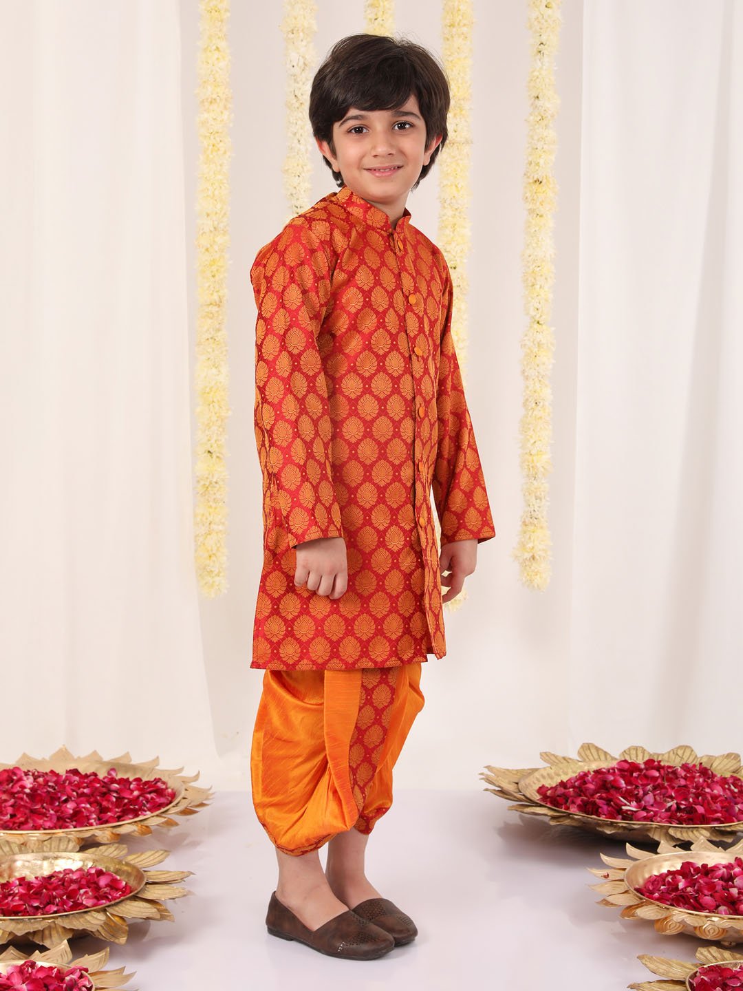 Boys' Red And Orange Kurta And Dhoti Set