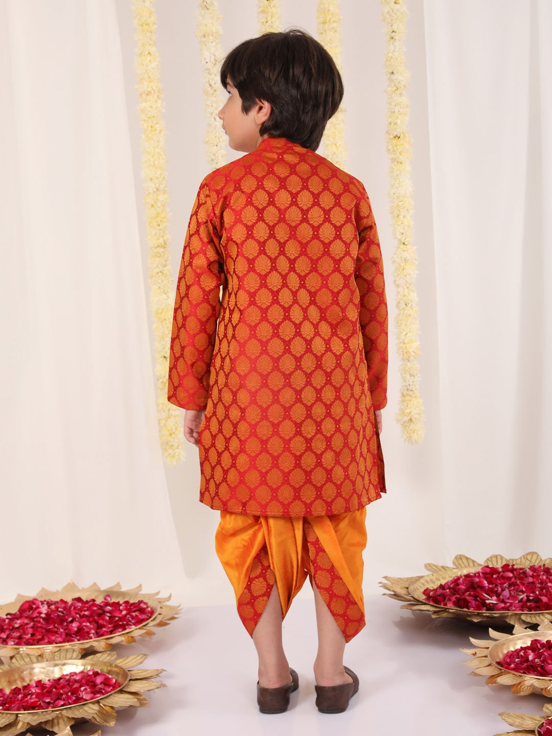 Boys' Red And Orange Kurta And Dhoti Set