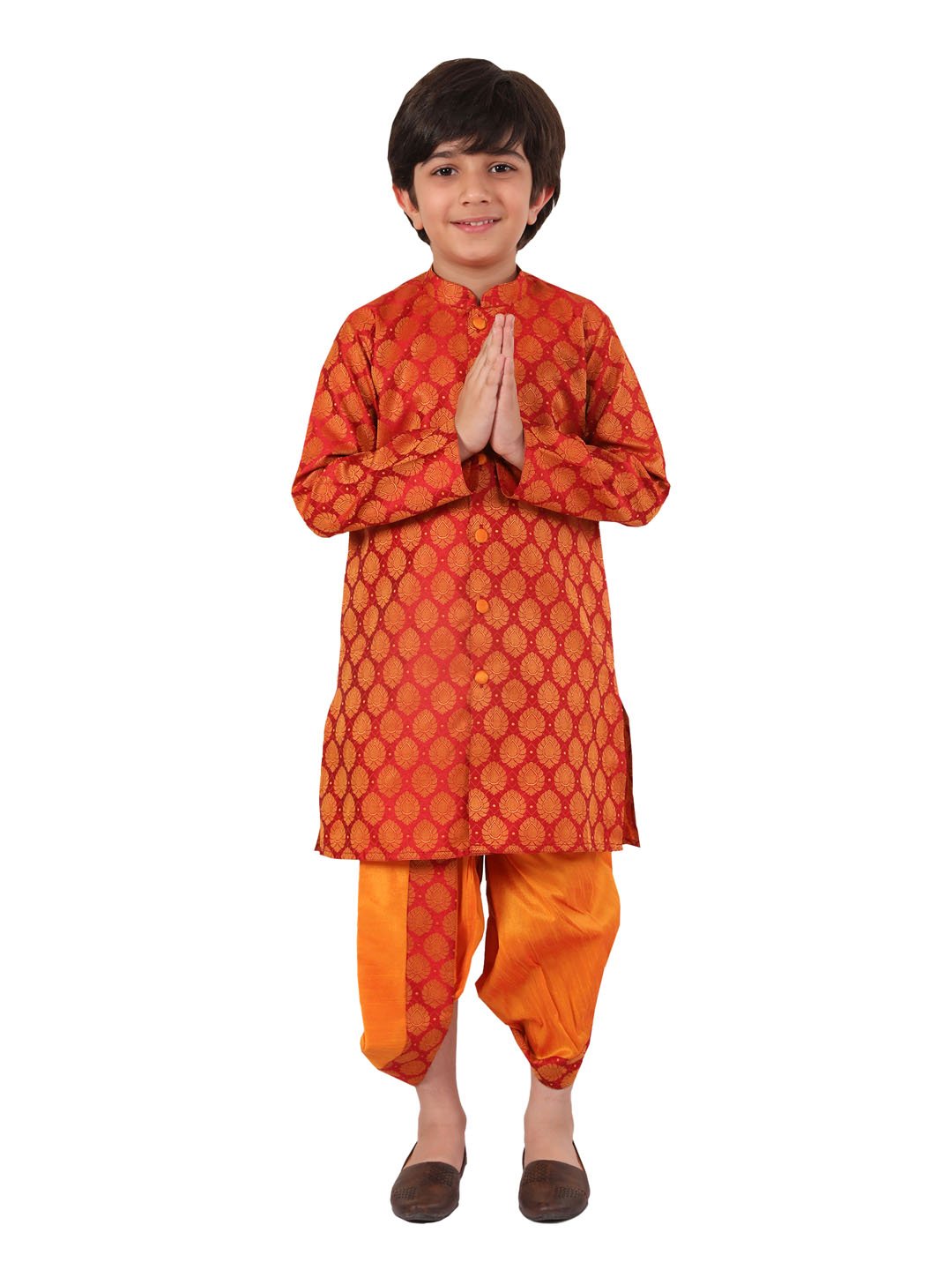 Boys' Red And Orange Kurta And Dhoti Set