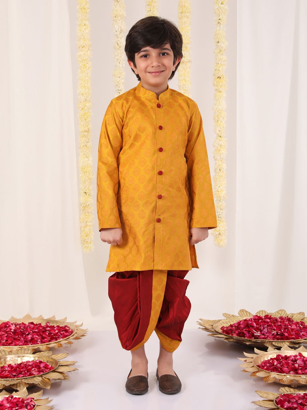 Boys' Yellow and Maroon Kurta And Dhoti Set