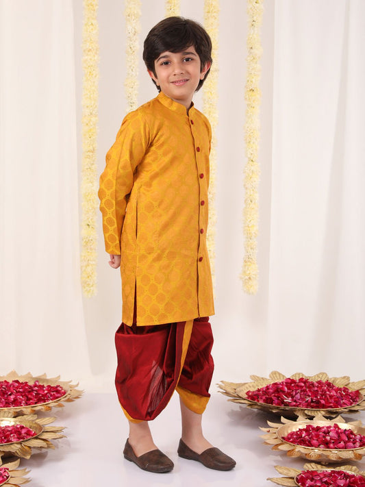 Boys' Yellow and Maroon Kurta And Dhoti Set