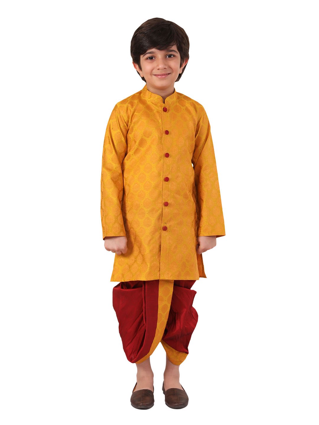 Boys' Yellow and Maroon Kurta And Dhoti Set