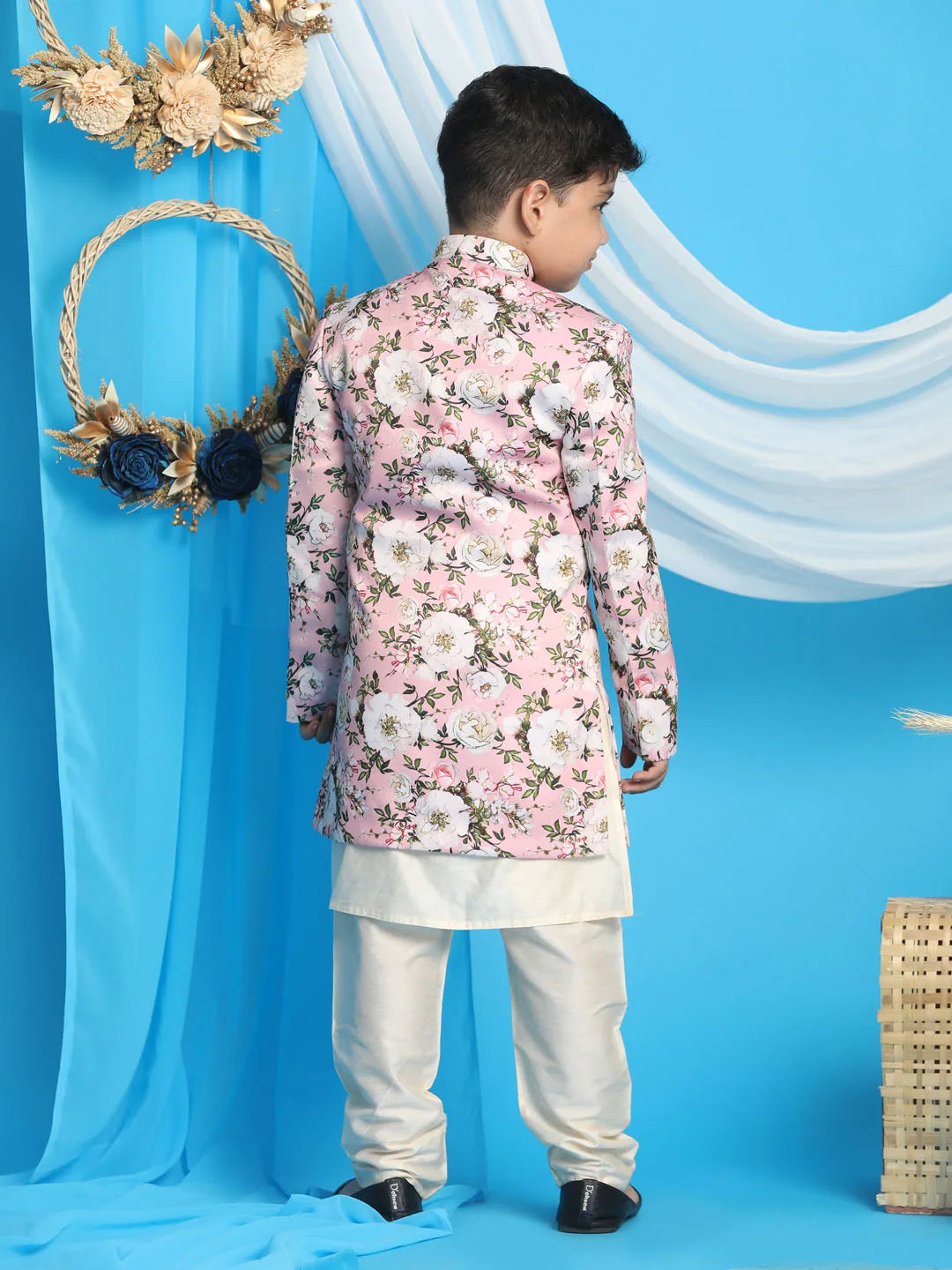 Boys' Cream And Pink Indowestern Set