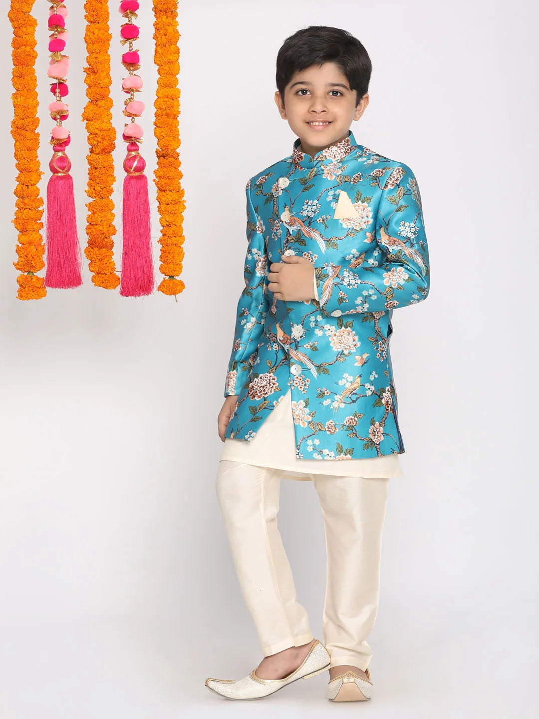 Boys' Multicolored-Base-Turquoise Indowestern Set