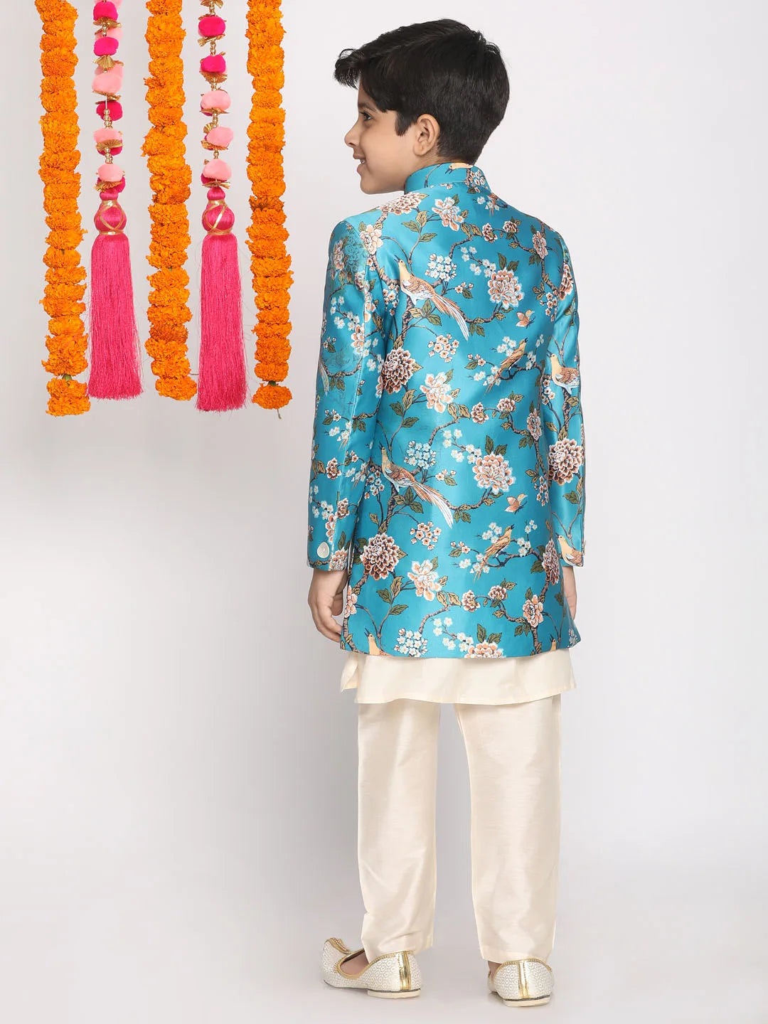 Boys' Multicolored-Base-Turquoise Indowestern Set