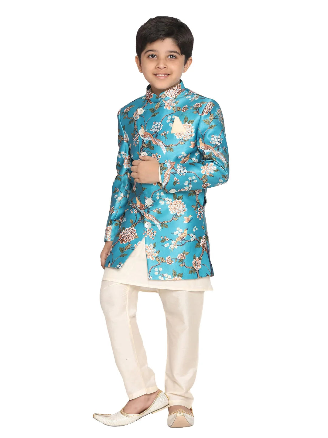 Boys' Multicolored-Base-Turquoise Indowestern Set