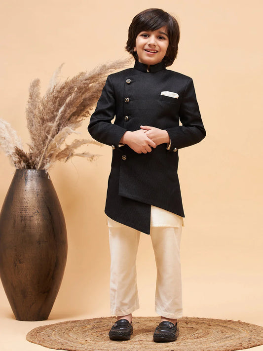 Boys' Cream And Black Sherwani Set