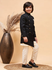 Boys' Cream And Black Sherwani Set