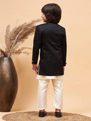 Boys' Cream And Black Sherwani Set