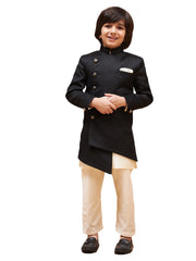 Boys' Cream And Black Sherwani Set