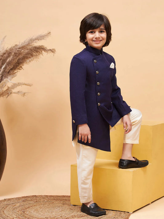 Boys' Cream And Blue Sherwani Set