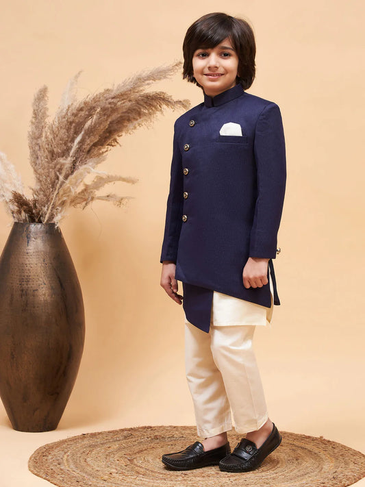 Boys' Cream And Blue Sherwani Set