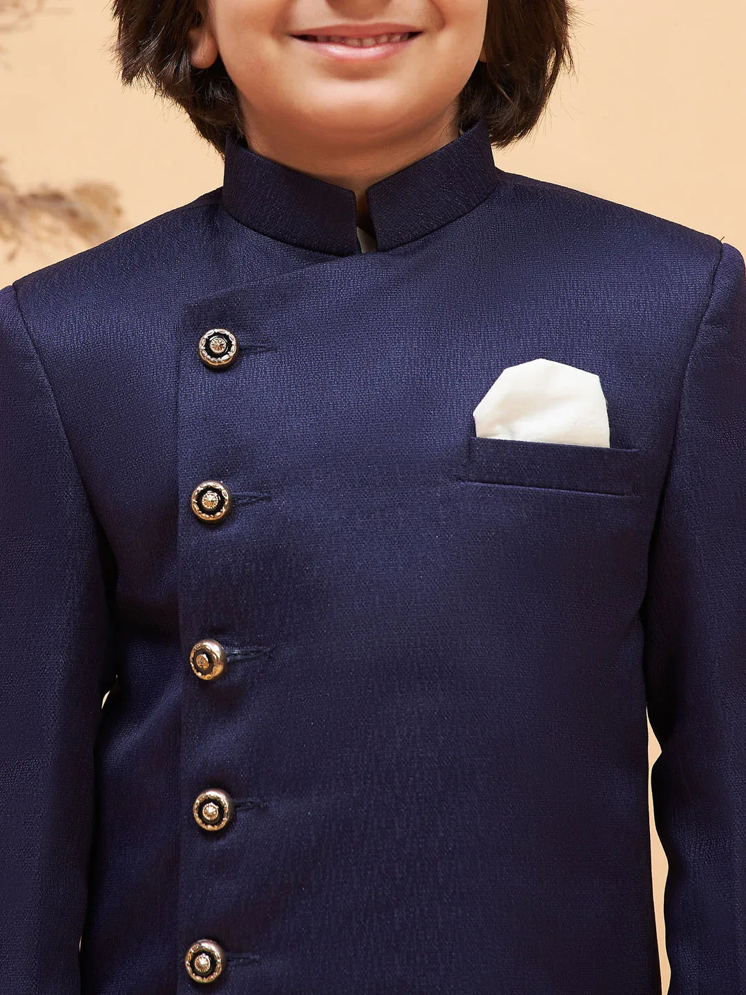 Boys' Cream And Blue Sherwani Set