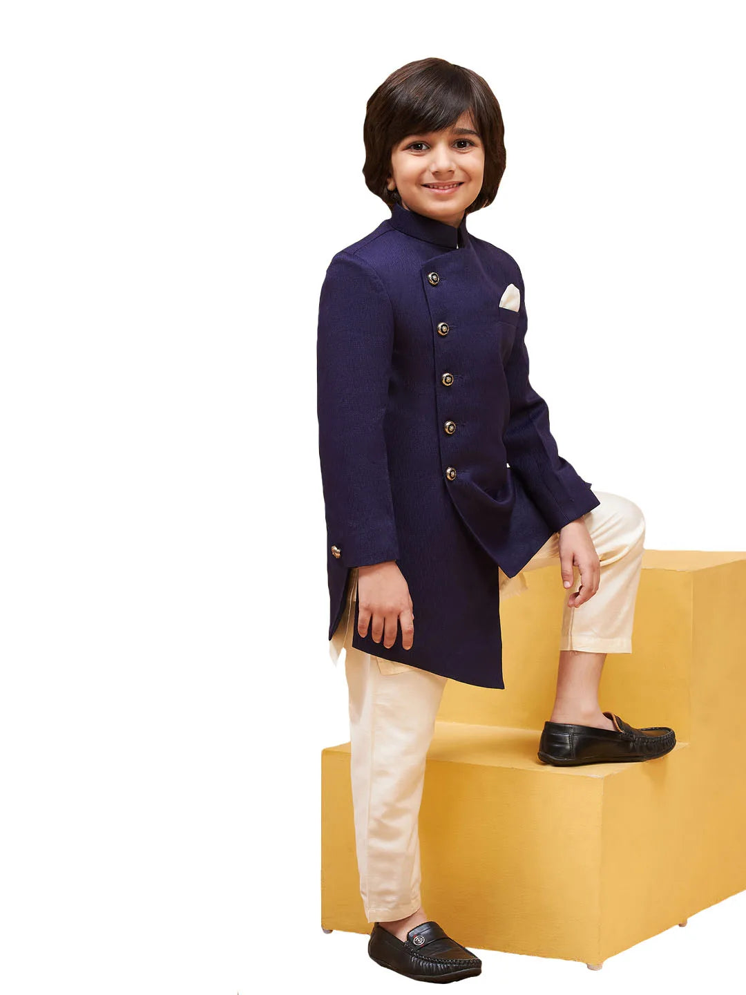 Boys' Cream And Blue Sherwani Set