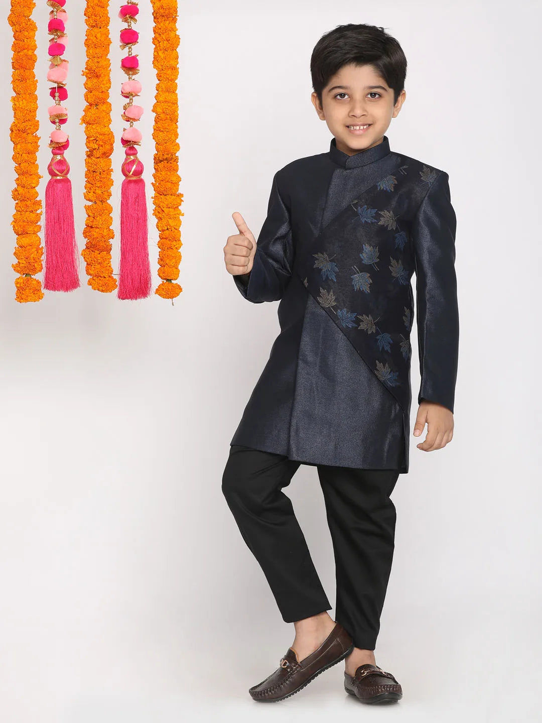 Boys' Navy Blue And Black Indowestern Set