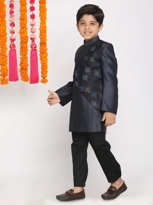 Boys' Navy Blue And Black Indowestern Set