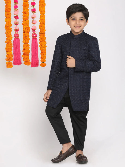 Boys' Navy Blue And Black Indowestern Set