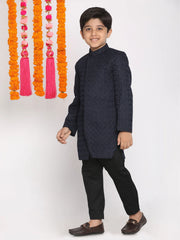 Boys' Navy Blue And Black Indowestern Set