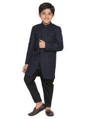 Boys' Navy Blue And Black Indowestern Set