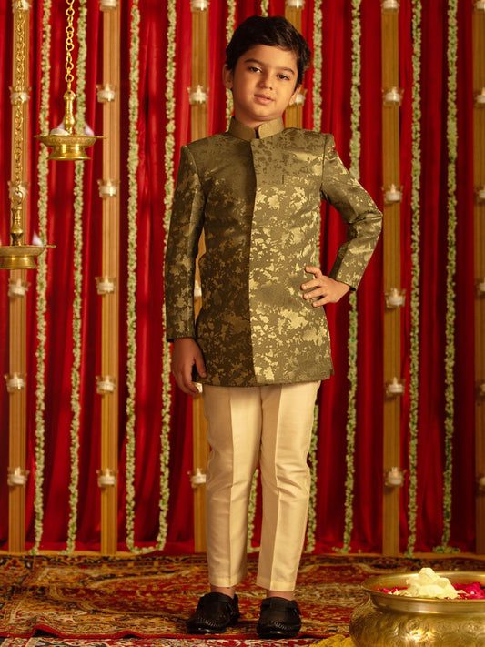 Boys' Green And Cream Sherwani Set