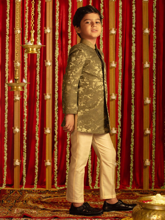 Boys' Green And Cream Sherwani Set