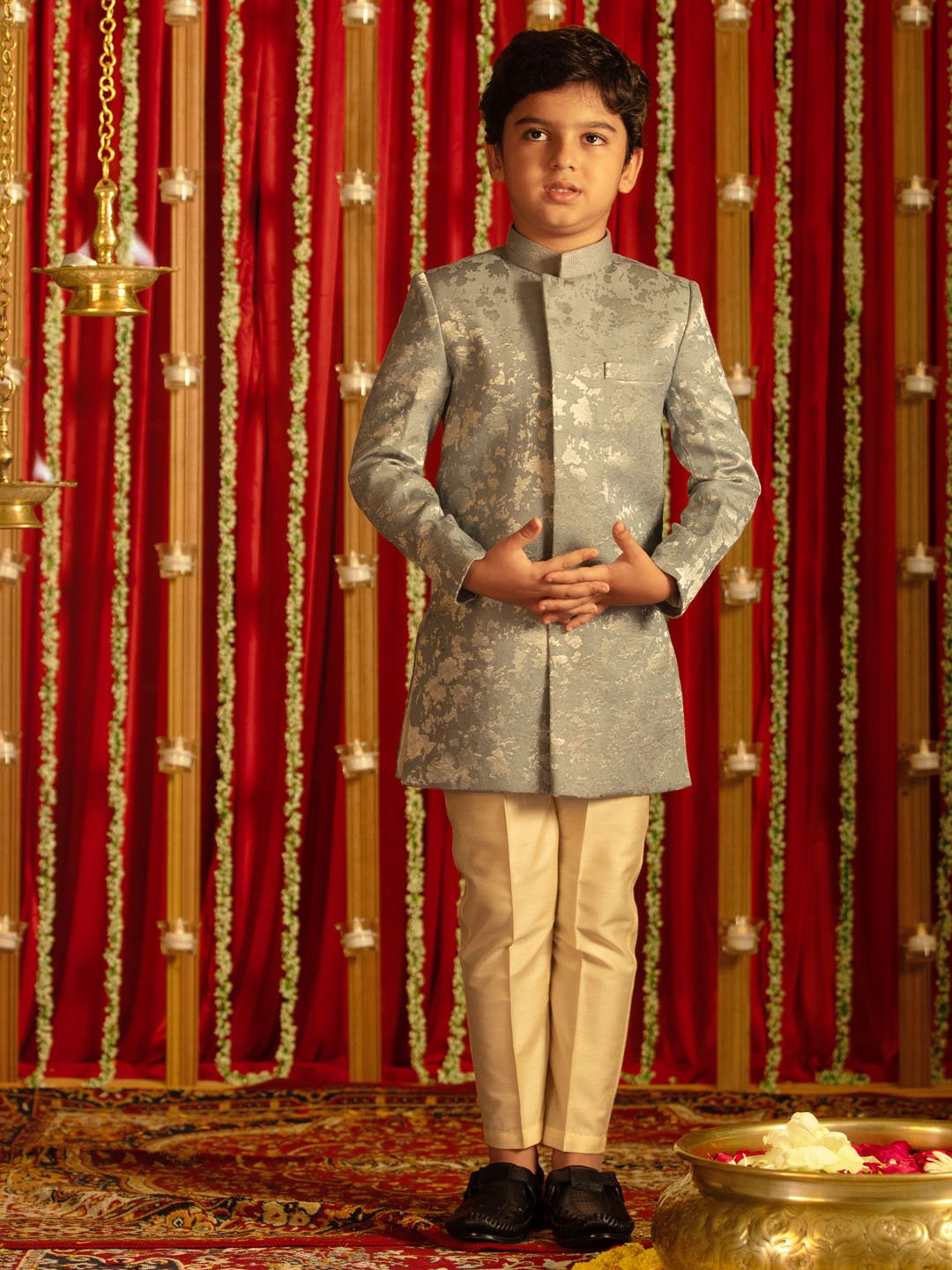 Boys' Grey And Cream Sherwani Set