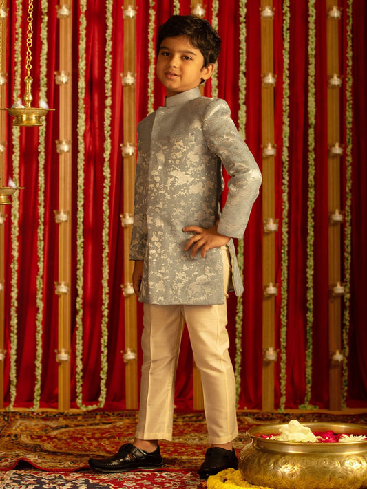 Boys' Grey And Cream Sherwani Set